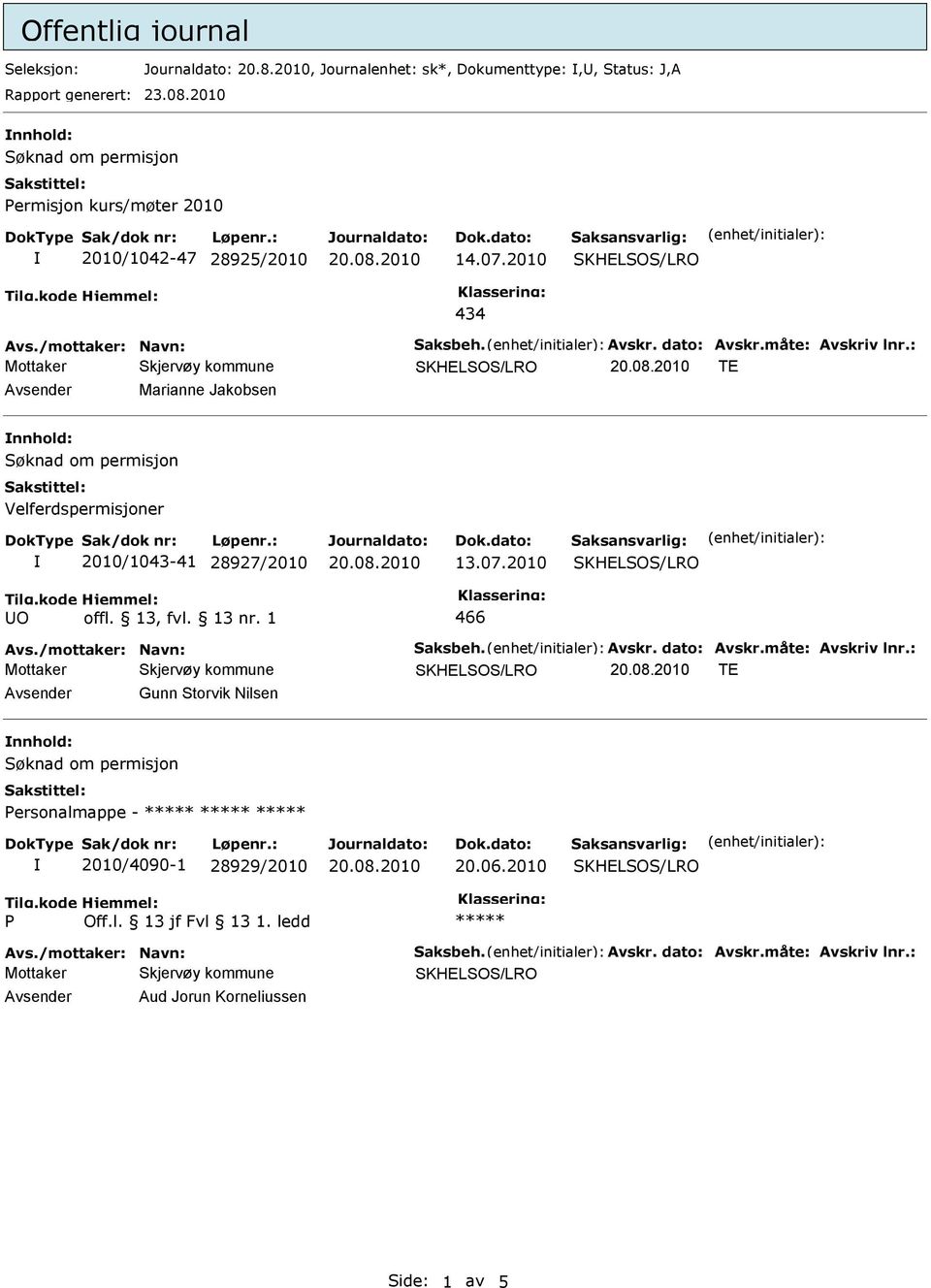 : TE Marianne Jakobsen nnhold: Velferdspermisjoner 2010/1043-41 28927/2010 13.07.2010 466 Avs./mottaker: Navn: Saksbeh. Avskr. dato: Avskr.