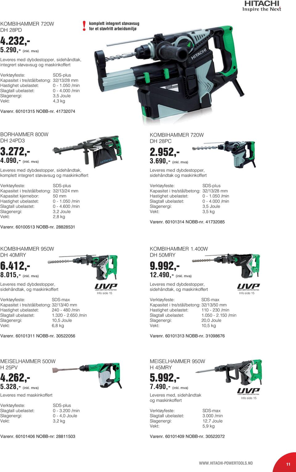 050 /min Slagtall ubelastet: 0-4.000 /min Slagenergi: 3,5 Joule 4,3 kg Varenr. 60101315 NOBB-nr. 41732074 BORHAMMER 800W DH 24PD3 3.272,- 4.090,- (inkl.