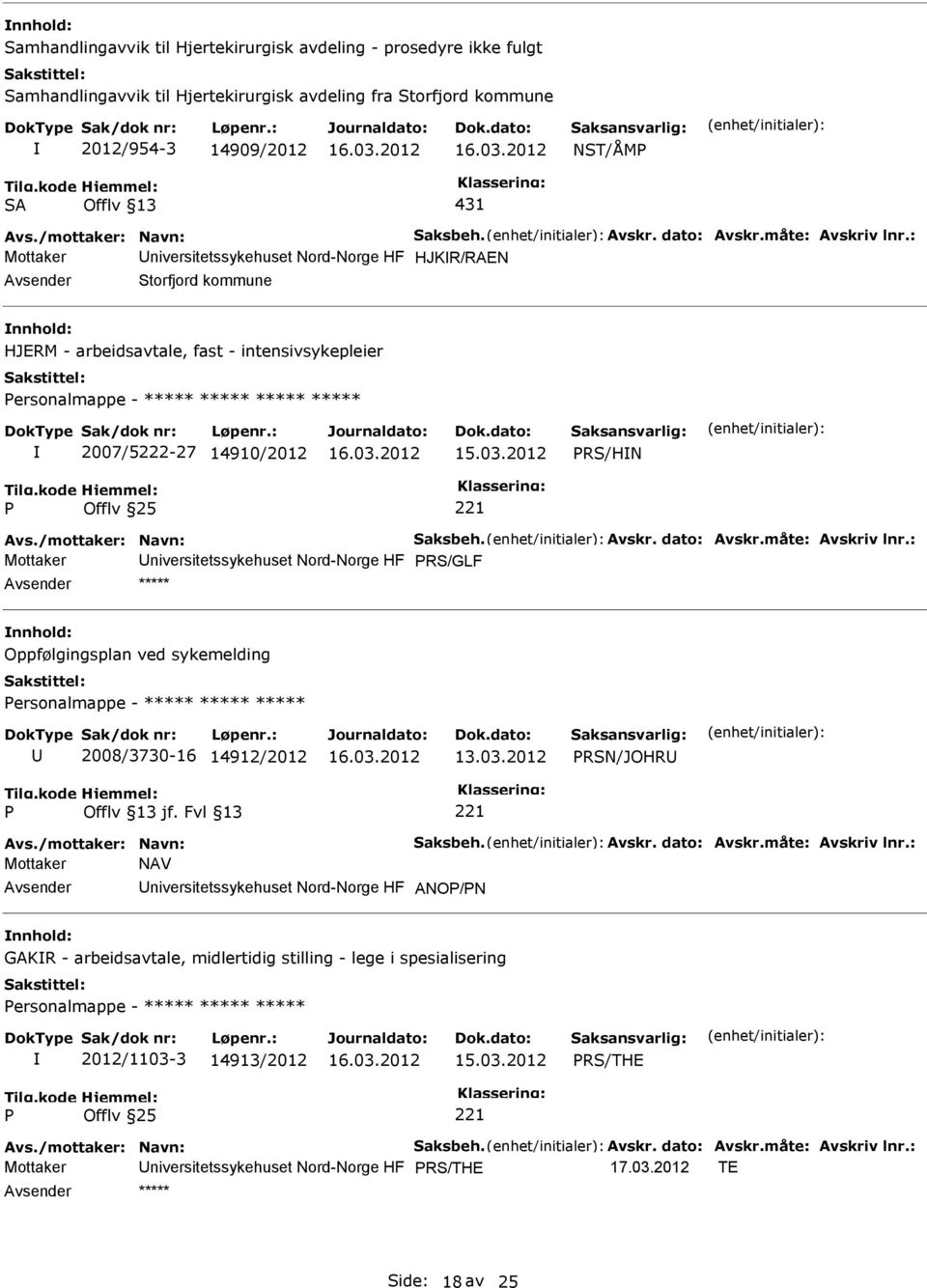 : Mottaker niversitetssykehuset Nord-Norge HF HJKR/RAEN Storfjord kommune HJERM - arbeidsavtale, fast - intensivsykepleier ersonalmappe - ***** ***** ***** ***** 2007/5222-27 14910/2012 RS/HN Avs.