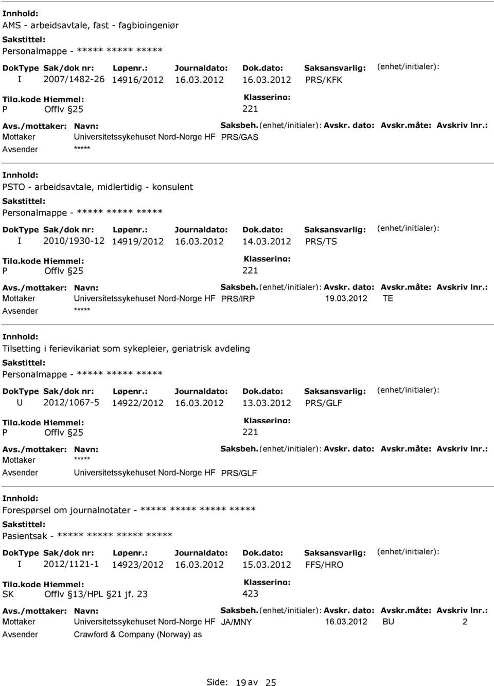 /mottaker: Navn: Saksbeh. Avskr. dato: Avskr.måte: Avskriv lnr.: Mottaker niversitetssykehuset Nord-Norge HF RS/R 19.03.