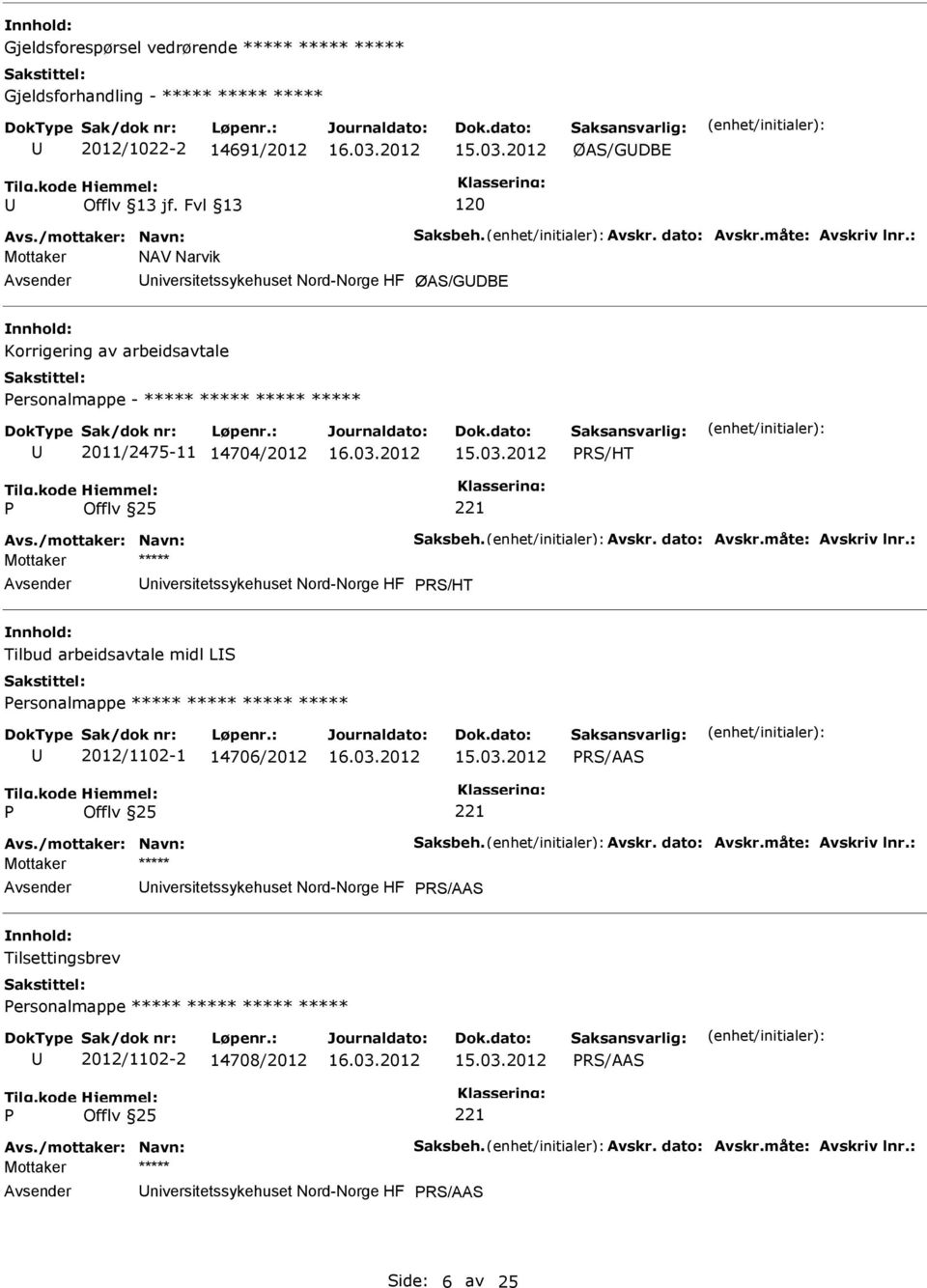 dato: Avskr.måte: Avskriv lnr.: niversitetssykehuset Nord-Norge HF RS/HT Tilbud arbeidsavtale midl LS ersonalmappe ***** ***** ***** ***** 2012/1102-1 14706/2012 RS/AAS Avs./mottaker: Navn: Saksbeh.