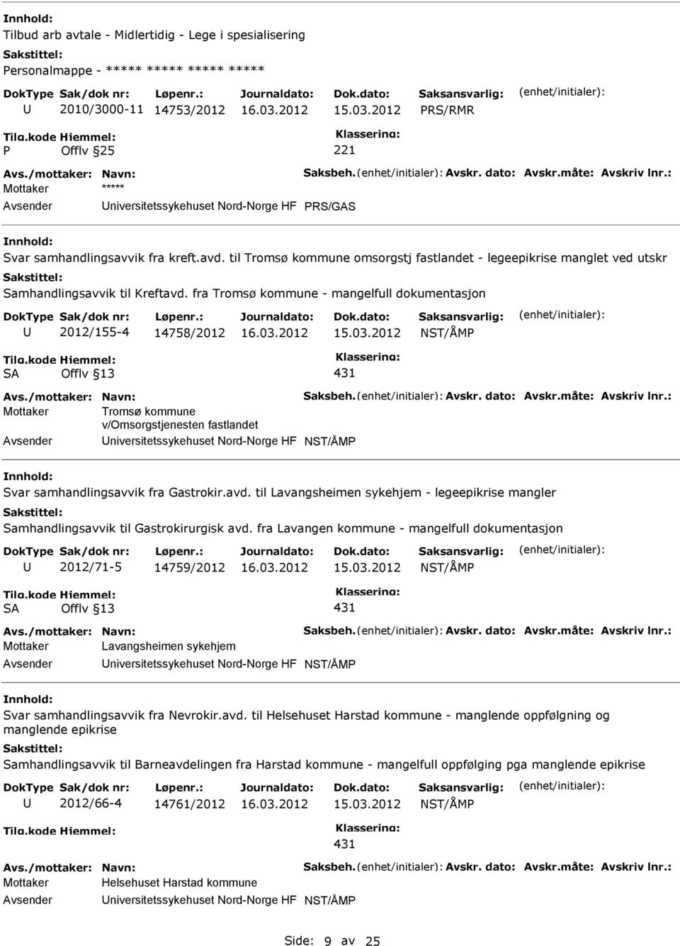 fra Tromsø kommune - mangelfull dokumentasjon 2012/155-4 14758/2012 NST/ÅM SA Offlv 13 Avs./mottaker: Navn: Saksbeh. Avskr. dato: Avskr.måte: Avskriv lnr.