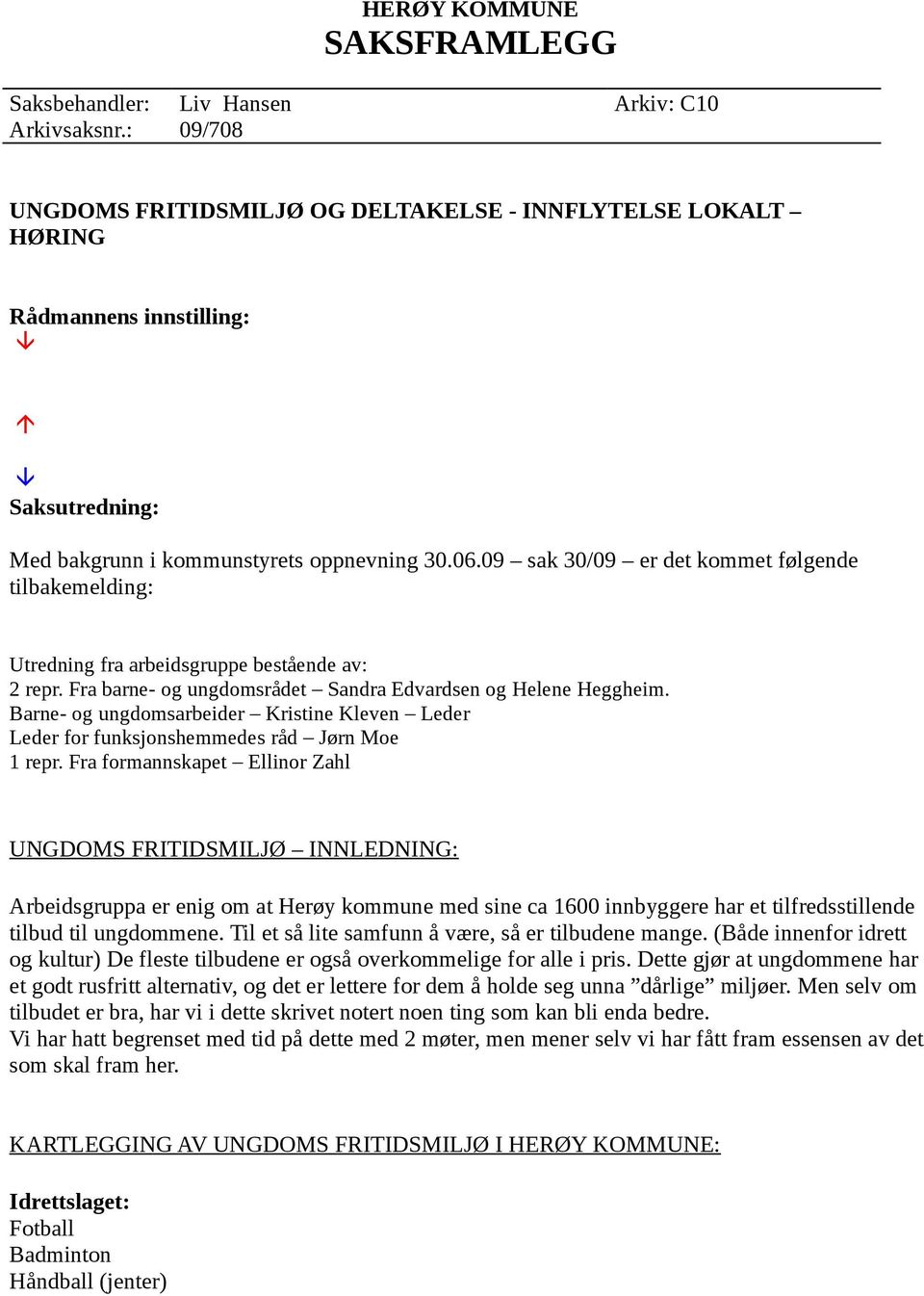 09 sak 30/09 er det kommet følgende tilbakemelding: Utredning fra arbeidsgruppe bestående av: 2 repr. Fra barne- og ungdomsrådet Sandra Edvardsen og Helene Heggheim.