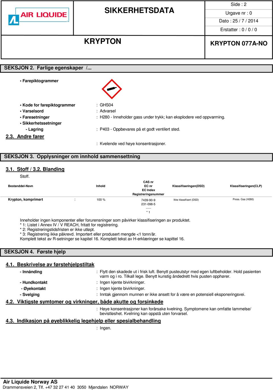 - Lagring : P403 - Oppbevares på et godt ventilert sted. 2.3. Andre farer : Kvelende ved høye konsentrasjoner. SEKSJON 3. Opplysninger om innhold sammensettning 3.1. Stoff / 3.2. Blanding Stoff.