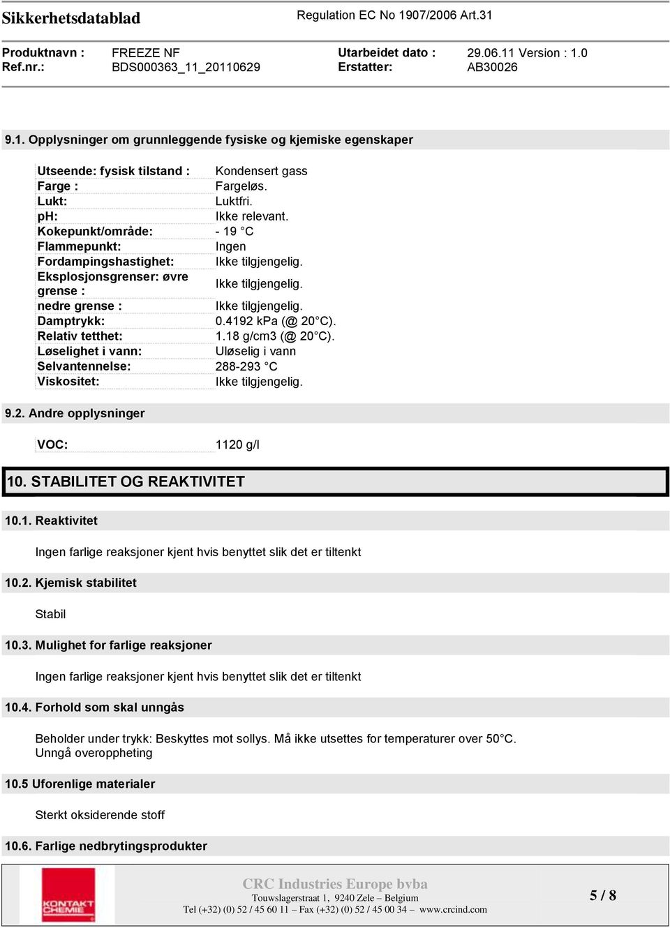 4192 kpa (@ 20 C). Relativ tetthet: 1.18 g/cm3 (@ 20 C). Løselighet i vann: Uløselig i vann Selvantennelse: 288-293 C Viskositet: Ikke tilgjengelig. 9.2. Andre opplysninger VOC: 1120 g/l 10.