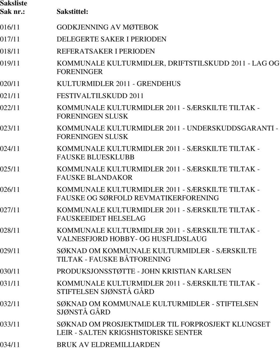 2011 - GRENDEHUS 021/11 FESTIVALTILSKUDD 2011 022/11 KOMMUNALE KULTURMIDLER 2011 - SÆRSKILTE TILTAK - FORENINGEN SLUSK 023/11 KOMMUNALE KULTURMIDLER 2011 - UNDERSKUDDSGARANTI - FORENINGEN SLUSK