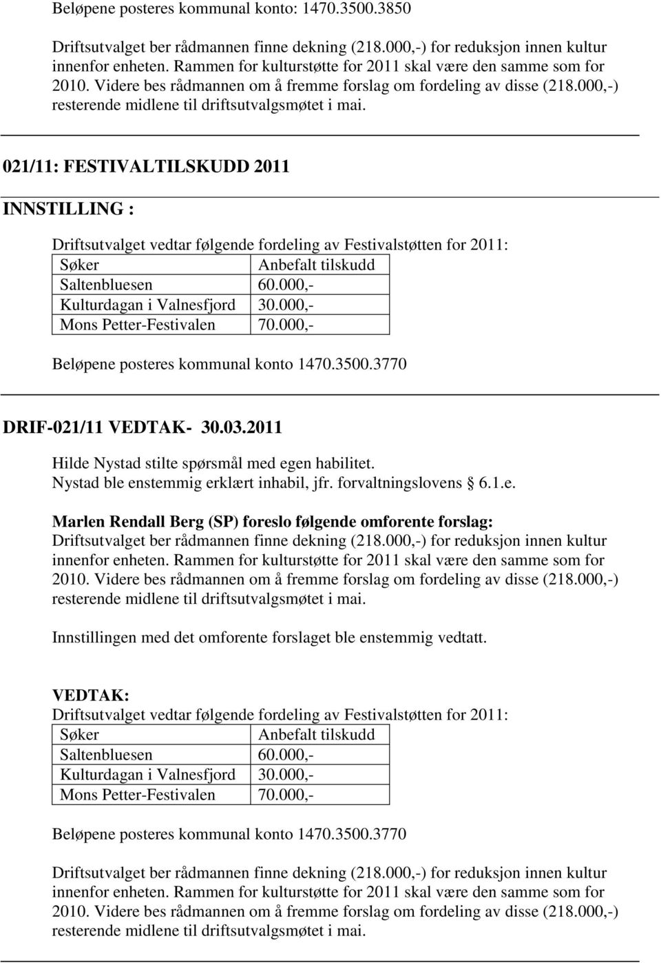 Nystad ble enstemmig erklært inhabil, jfr. forvaltningslovens 6.1.e. Marlen Rendall Berg (SP) foreslo følgende omforente forslag: Innstillingen med det omforente forslaget ble enstemmig vedtatt.