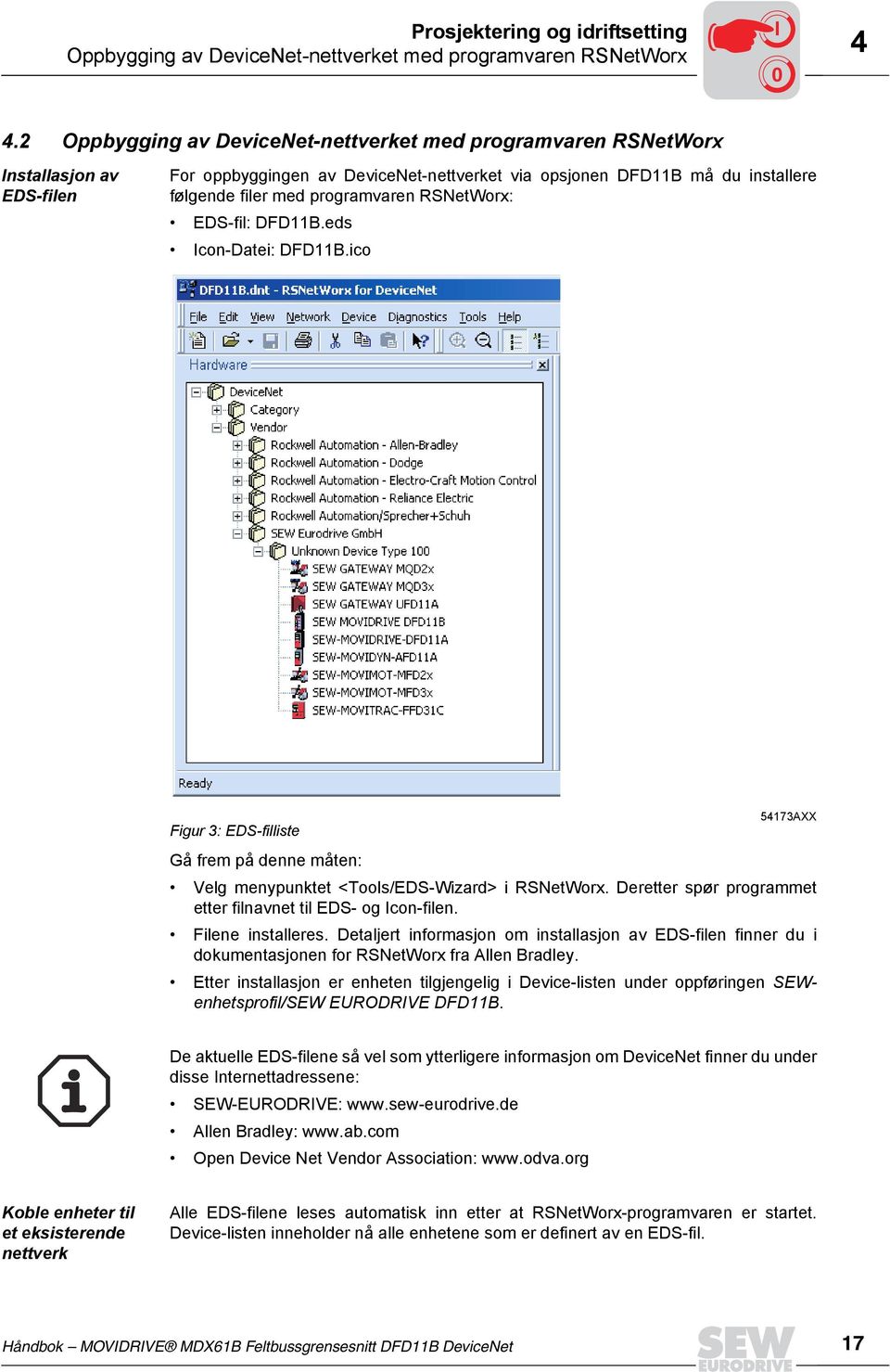 RSNetWorx: EDS-fil: DFD11B.eds Icon-Datei: DFD11B.ico Figur 3: EDS-filliste 54173AXX Gå frem på denne måten: Velg menypunktet <Tools/EDS-Wizard> i RSNetWorx.