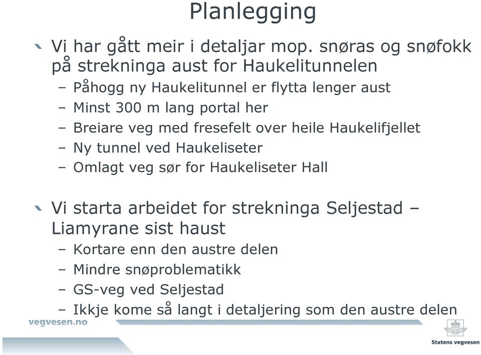 portal her Breiare veg med fresefelt over heile Haukelifjellet Ny tunnel ved Haukeliseter Omlagt veg sør for Haukeliseter