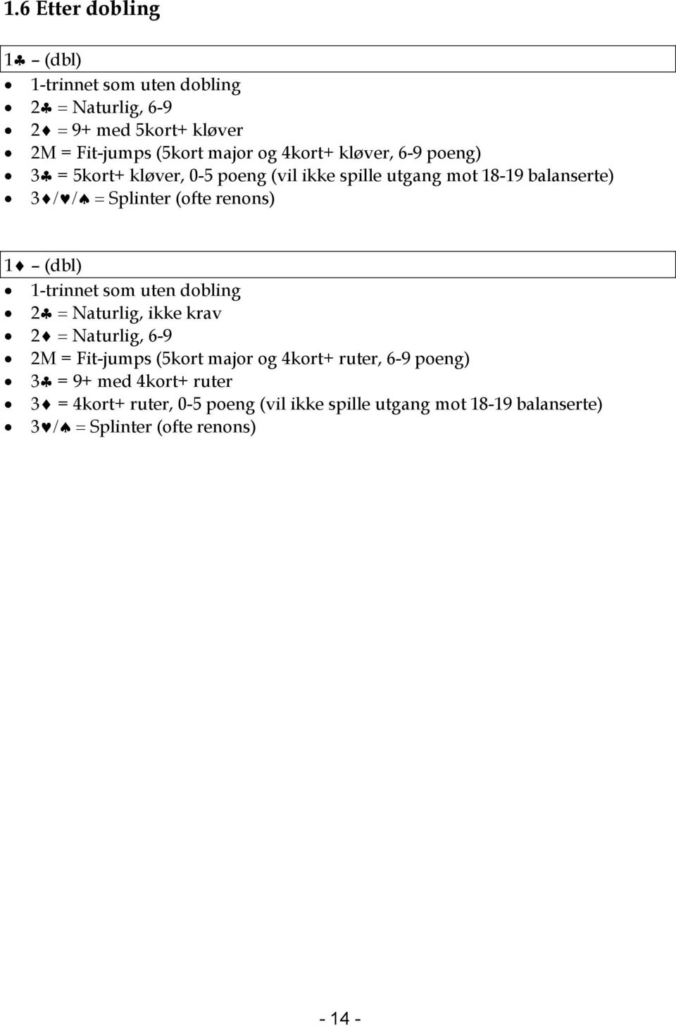 1 (dbl) 1-trinnet som uten dobling 2 = Naturlig, ikke krav 2 = Naturlig, 6-9 2M = Fit-jumps (5kort major og 4kort+ ruter, 6-9