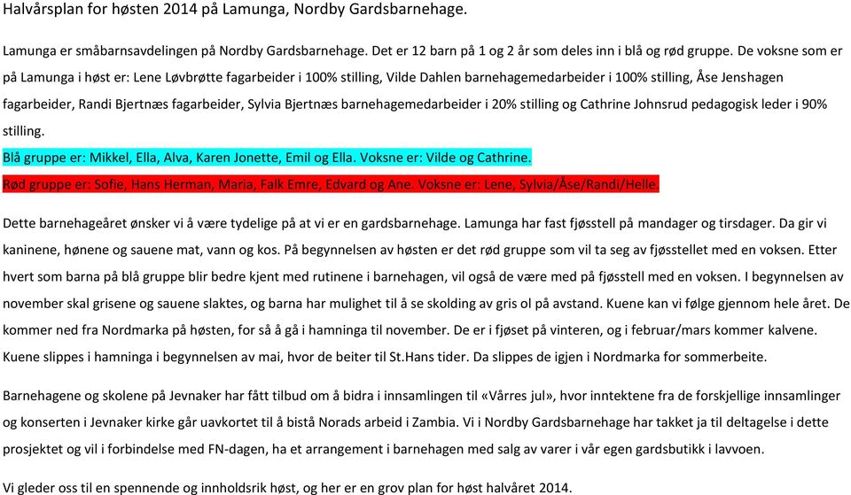 Bjertnæs barnehagemedarbeider i 20% stilling og Cathrine Johnsrud pedagogisk leder i 90% stilling. Blå gruppe er: Mikkel, Ella, Alva, Karen Jonette, Emil og Ella. Voksne er: Vilde og Cathrine.