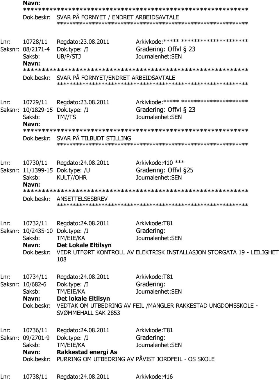 beskr: SVAR PÅ TILBUDT STILLING Lnr: 10730/11 Regdato:24.08.2011 Arkivkode:410 *** Saksnr: 11/1399-15 Dok.type: /U Offvl 25 Saksb: KULT//OHR Journalenhet:SEN Dok.