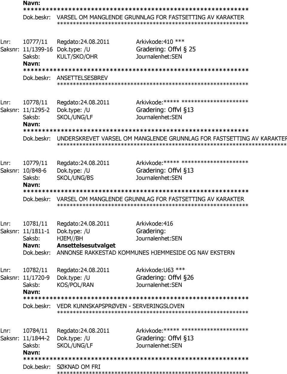 beskr: UNDERSKREVET VARSEL OM MANGLENDE GRUNNLAG FOR FASTSETTING AV KARAKTER ************ Lnr: 10779/11 Regdato:24.08.2011 Arkivkode:***** ********************* Saksnr: 10/848-6 Dok.