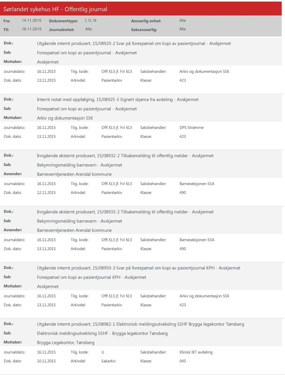 2015 Arkivdel: Pasientarkiv Klasse: Inngående eksternt produsert, 15/08932-2 Tilbakemelding til offentlig melder - Bekymringsmelding barnevern - Barneverntjenesten Arendal kommune Barneseksjonen SSA