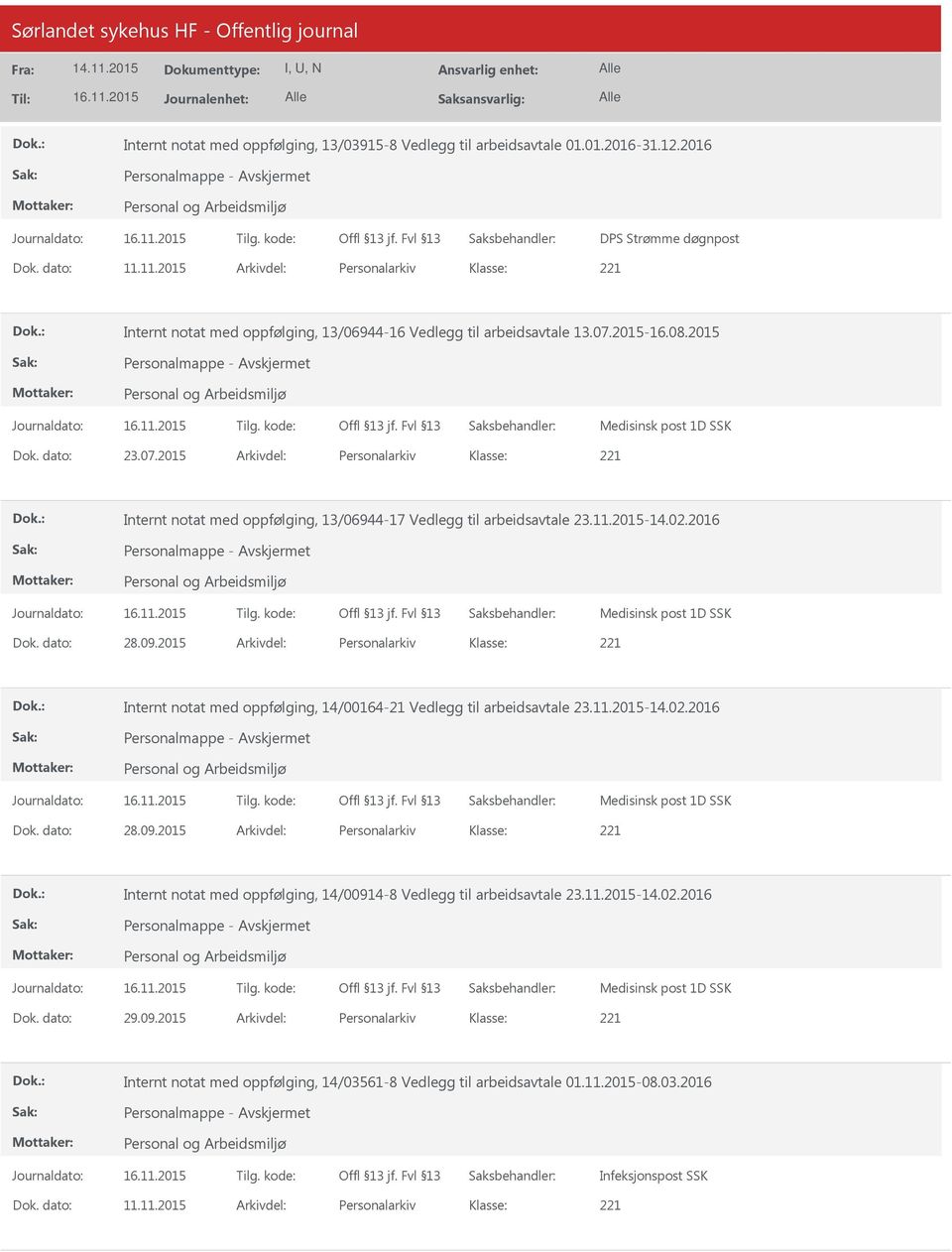 2015-16.08.2015 Medisinsk post 1D SSK Dok. dato: 23.07.2015 Arkivdel: Personalarkiv Klasse: Internt notat med oppfølging, 13/06944-17 Vedlegg til arbeidsavtale 23.11.2015-14.02.