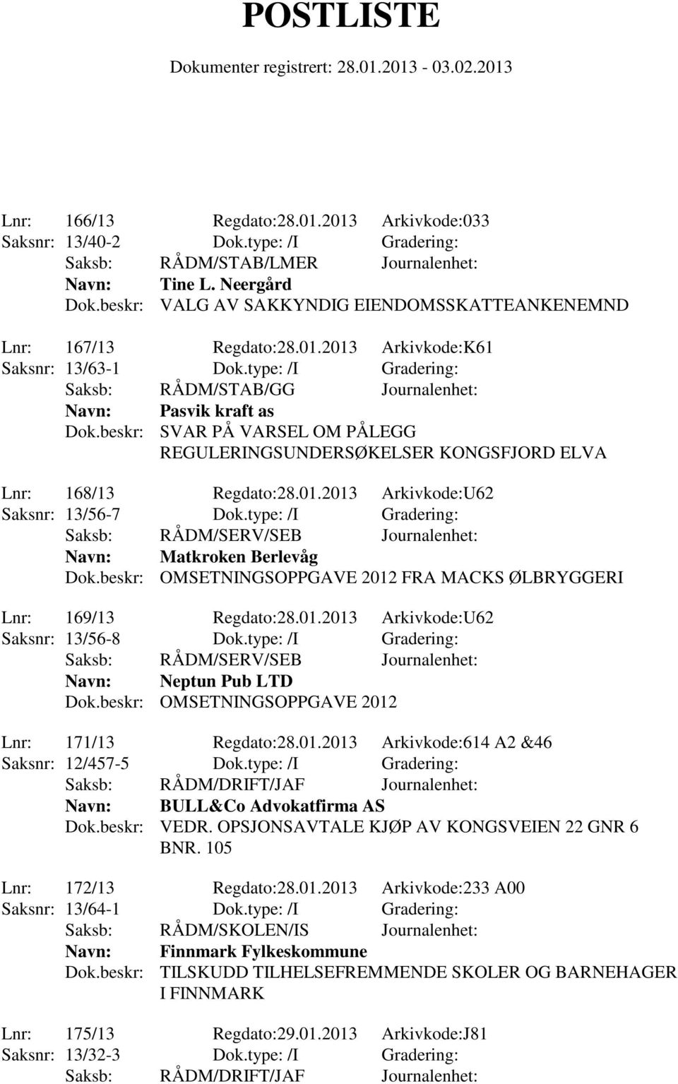 beskr: SVAR PÅ VARSEL OM PÅLEGG REGULERINGSUNDERSØKELSER KONGSFJORD ELVA Lnr: 168/13 Regdato:28.01.2013 Arkivkode:U62 Saksnr: 13/56-7 Dok.type: /I Gradering: Navn: Matkroken Berlevåg Dok.