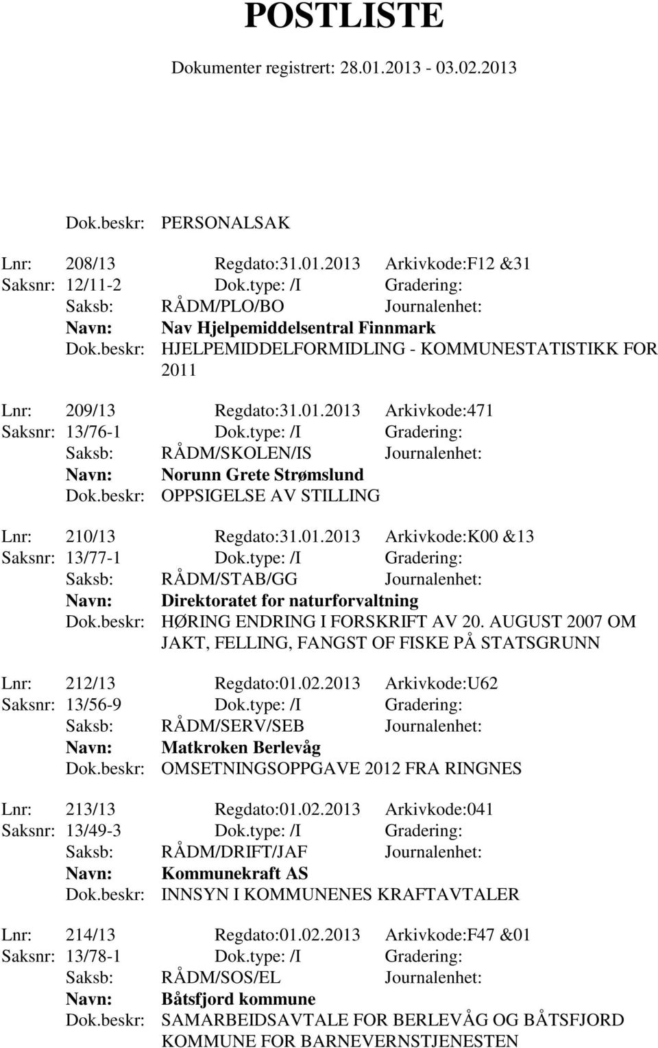 beskr: OPPSIGELSE AV STILLING Lnr: 210/13 Regdato:31.01.2013 Arkivkode:K00 &13 Saksnr: 13/77-1 Dok.type: /I Gradering: Navn: Direktoratet for naturforvaltning Dok.