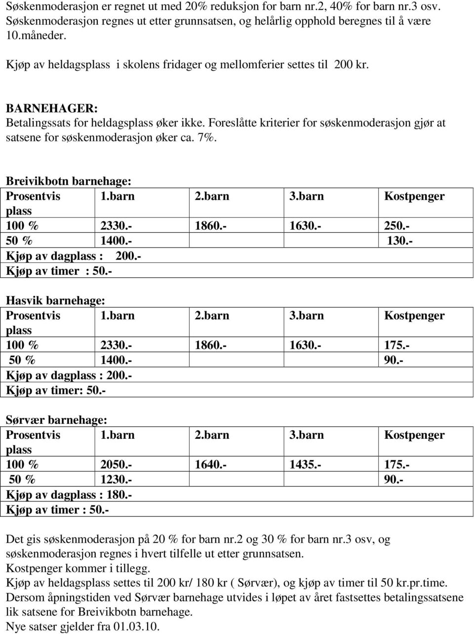 Foreslåtte kriterier for søskenmoderasjon gjør at satsene for søskenmoderasjon øker ca. 7%. Breivikbotn barnehage: 100 % 2330.- 1860.- 1630.- 250.- 50 % 1400.- 130.- Kjøp av dag : 200.