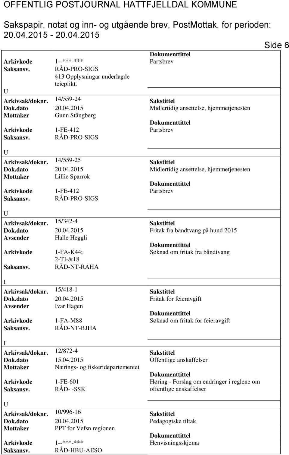 RÅD-PRO-G Arkivsak/doknr. 15/342-4 akstittel Dok.dato 20.04.2015 Fritak fra båndtvang på hund 2015 Avsender Halle Heggli Arkivkode 1-FA-K44; øknad om fritak fra båndtvang 2-T-&18 aksansv.