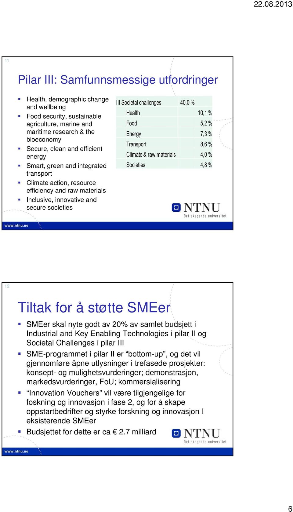 av samlet budsjett i Industrial and Key Enabling Technologies i pilar II og Societal Challenges i pilar III SME-programmet i pilar II er bottom-up, og det vil gjennomføre åpne utlysninger i trefasede