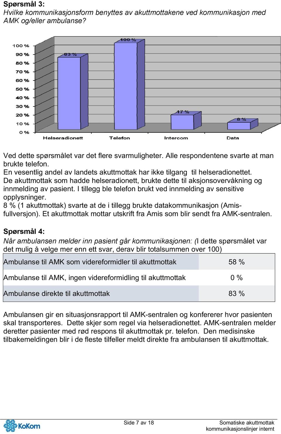 De akuttmottak som hadde helseradionett, brukte dette til aksjonsovervåkning og innmelding av pasient. I tillegg ble telefon brukt ved innmelding av sensitive opplysninger.