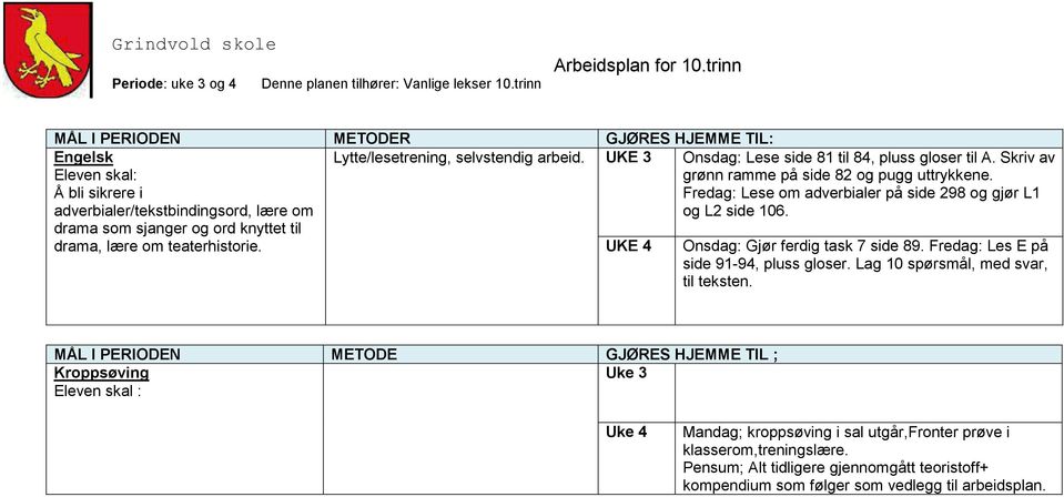 UKE 4 Onsdag: Lese side 81 til 84, pluss gloser til A. Skriv av grønn ramme på side 82 og pugg uttrykkene.