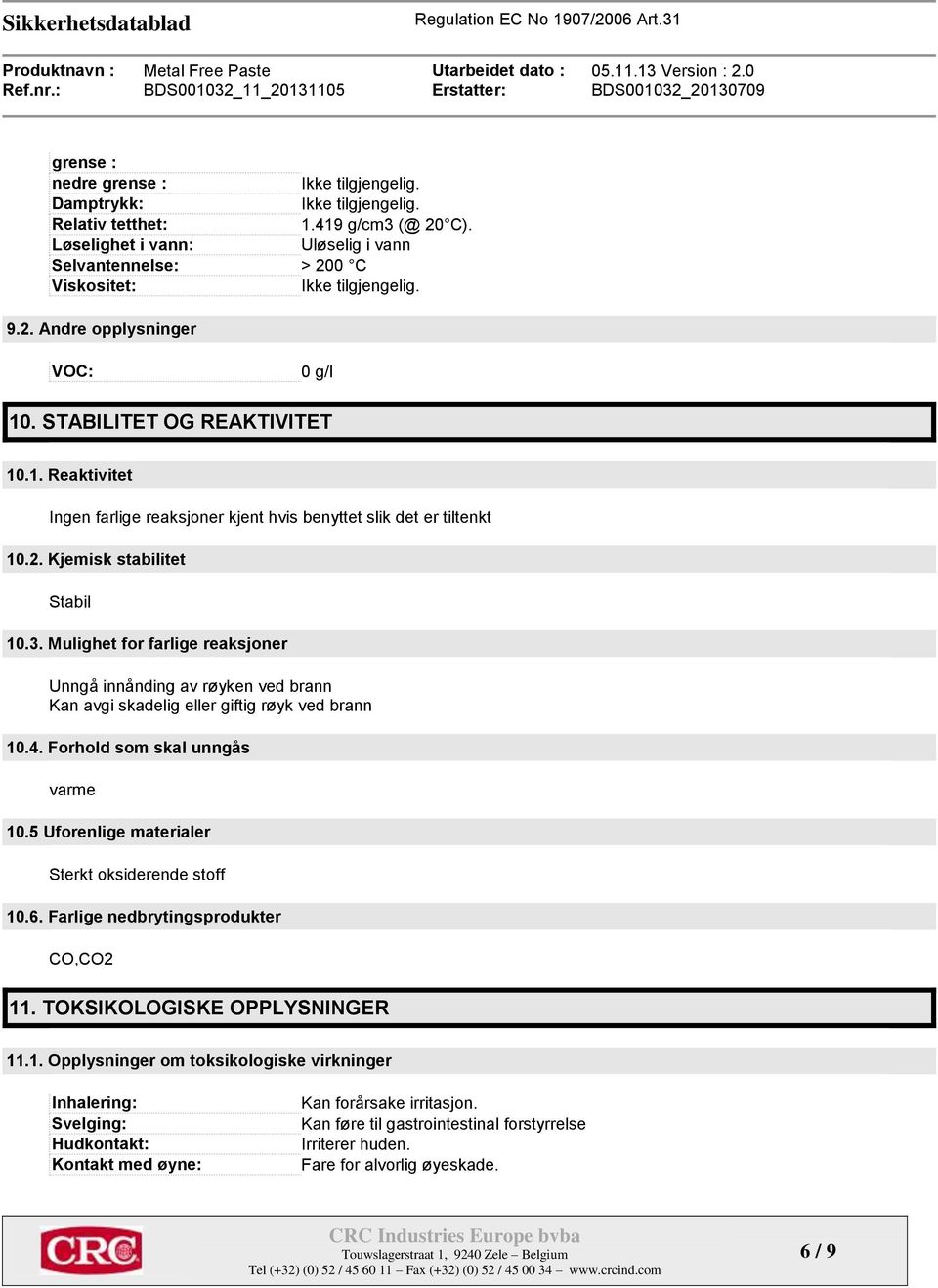 Mulighet for farlige reaksjoner Unngå innånding av røyken ved brann Kan avgi skadelig eller giftig røyk ved brann 10.4. Forhold som skal unngås varme 10.