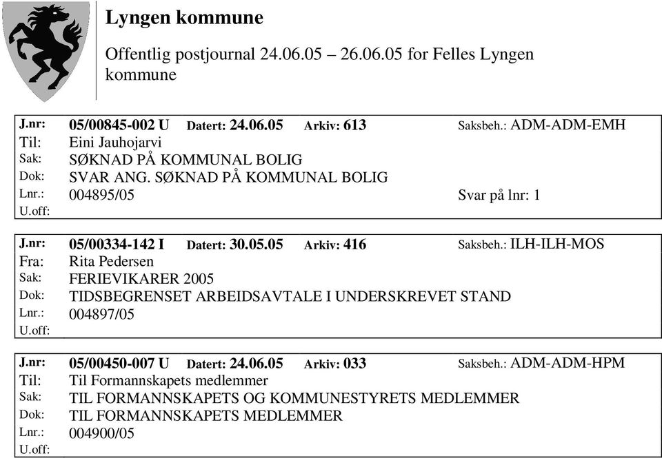 : ILH-ILH-MOS Fra: Rita Pedersen Sak: FERIEVIKARER 2005 Dok: TIDSBEGRENSET ARBEIDSAVTALE I UNDERSKREVET STAND Lnr.: 004897/05 J.