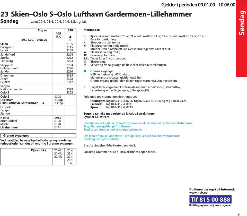 2352 Oslo S 2305 Lillestrøm 2328p Oslo Lufthavn Gardermoen p 2352p Eidsvoll Tangen Stange Hamar 0053 Brumunddal 0106 Moelv 0120 Lillehammer 0141 Grønne avganger: Ved høytider, bevegelige helligdager