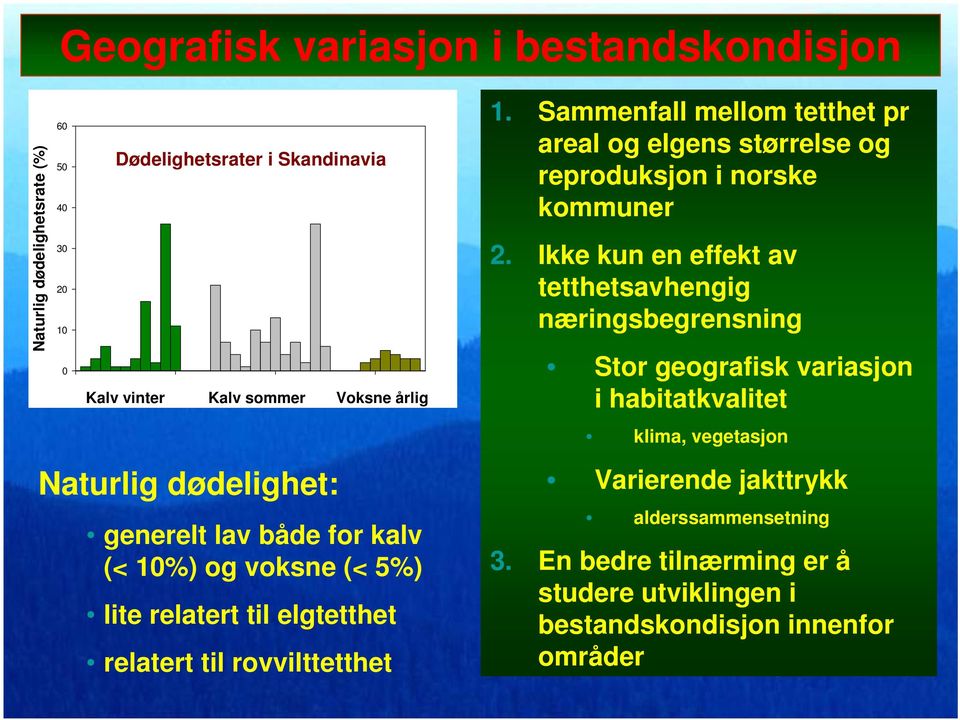 Sammenfall mellom tetthet pr areal og elgens størrelse og reproduksjon i norske kommuner 2.