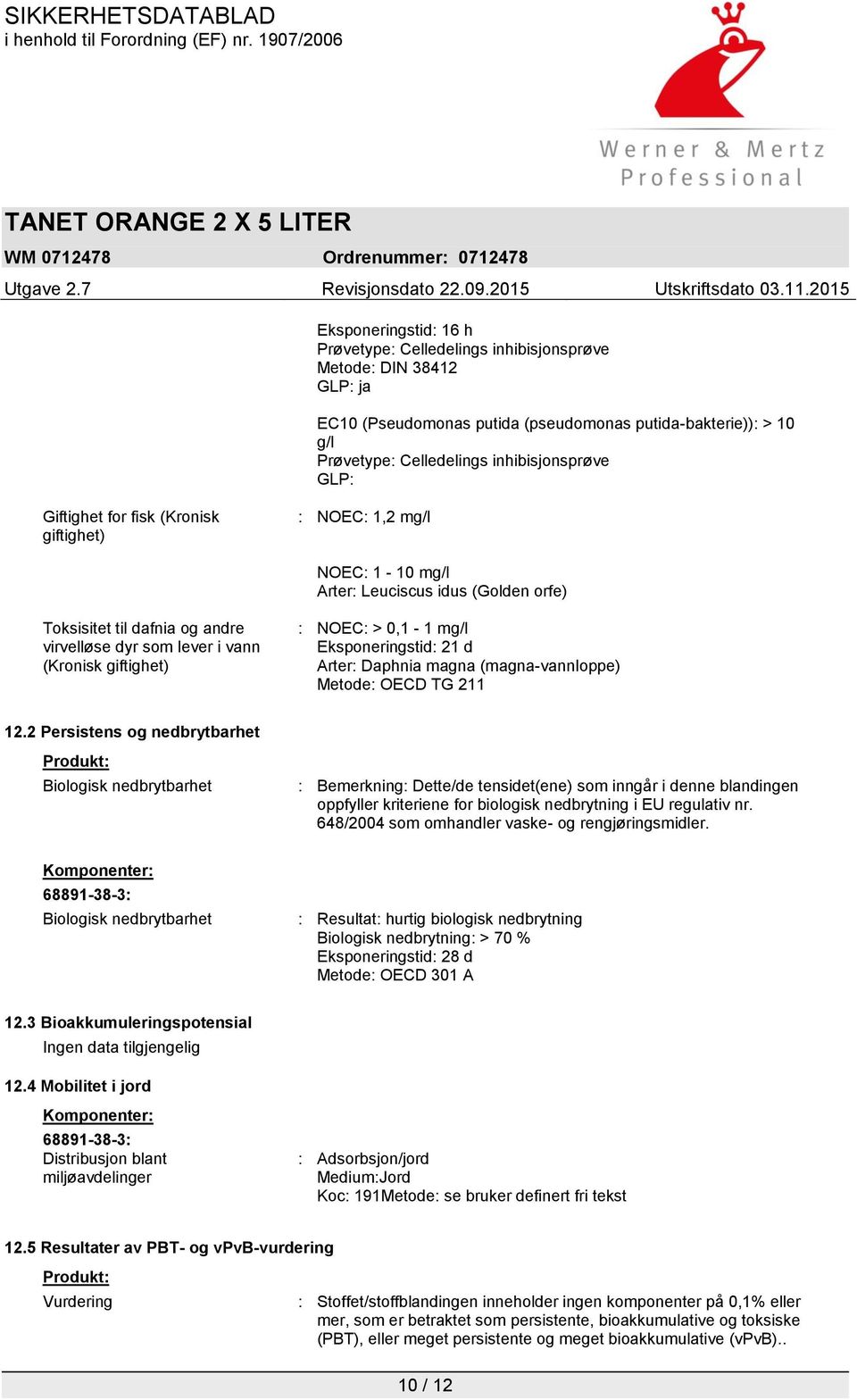 NOEC: > 0,1-1 mg/l Eksponeringstid: 21 d Arter: Daphnia magna (magna-vannloppe) Metode: OECD TG 211 12.