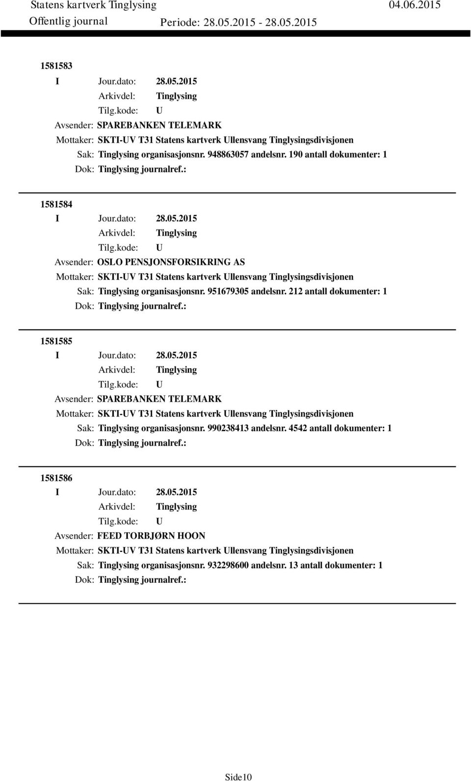 212 antall dokumenter: 1 Dok: journalref.: 1581585 Avsender: SPAREBANKEN TELEMARK Mottaker: SKTI-V T31 Statens kartverk llensvang sdivisjonen Sak: organisasjonsnr. 990238413 andelsnr.