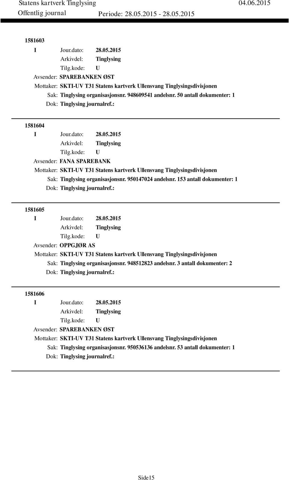 153 antall dokumenter: 1 Dok: journalref.: 1581605 Avsender: OPPGJØR AS Mottaker: SKTI-V T31 Statens kartverk llensvang sdivisjonen Sak: organisasjonsnr. 948512823 andelsnr.