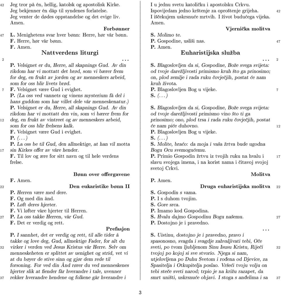 Molimo te. F. Herre, hør vår bønn. P. Gospodine, usli²i nas. 47 Nattverdens liturgi Euharistijska sluºba 2 2 P. Velsignet er du, Herre, all skapnings Gud. Av din S.