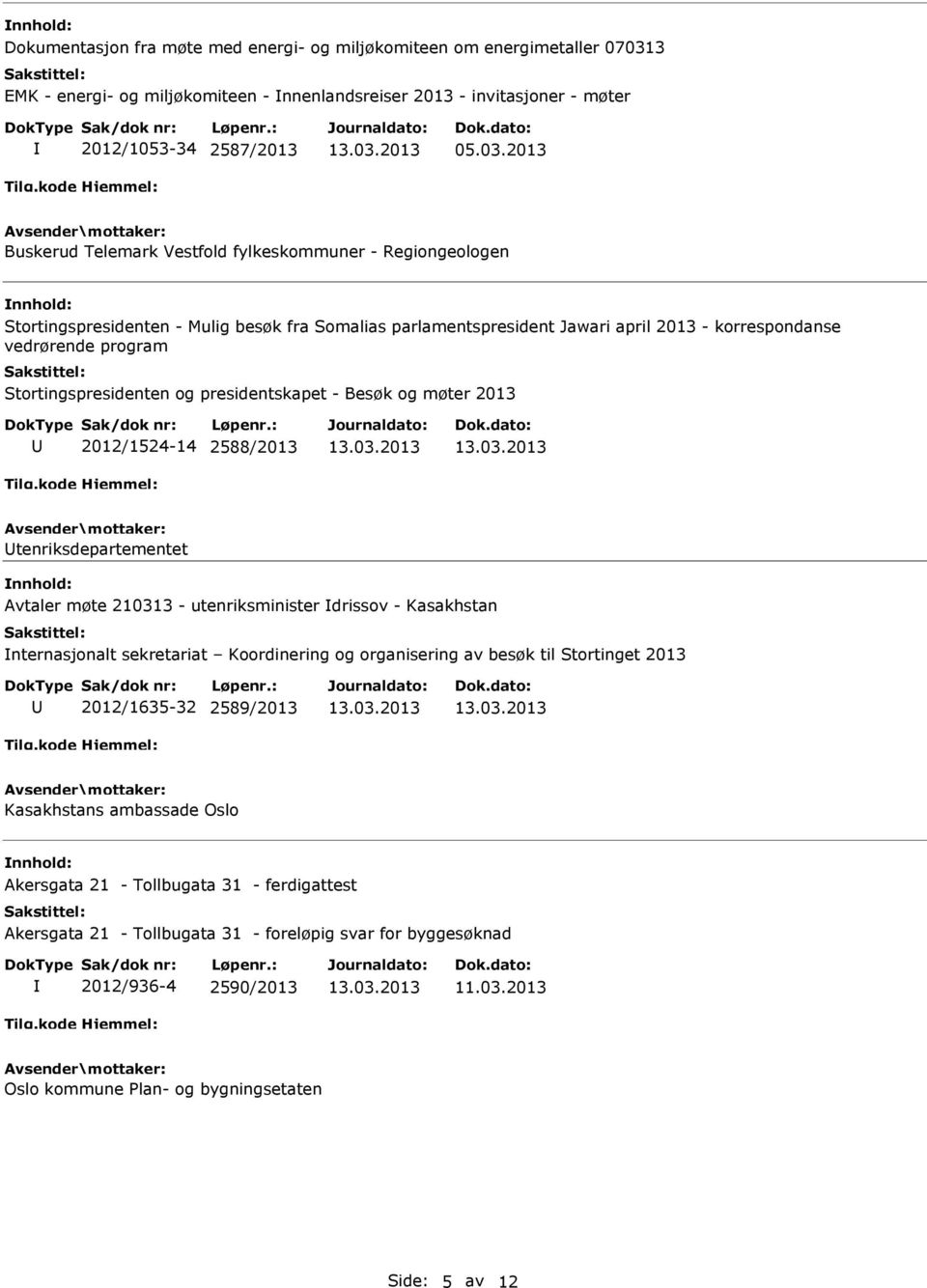 2013 Buskerud Telemark Vestfold fylkeskommuner - Regiongeologen Stortingspresidenten - Mulig besøk fra Somalias parlamentspresident Jawari april 2013 - korrespondanse vedrørende program