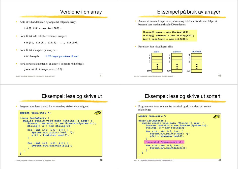 length // NB: ingen parenteser til slutt For å sortere elementene i en array (i stigende rekkefølge): Eksempel på bruk av arrayer Anta at vi ønsker å lagre navn, adresse og telefonnr for de som