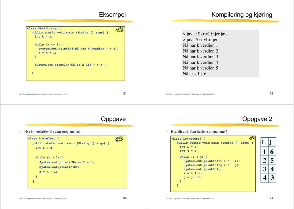 dette programmet? Hva blir utskriften fra dette programmet? class LokkeTest { int k = 3; while (k > 0) { System.out.