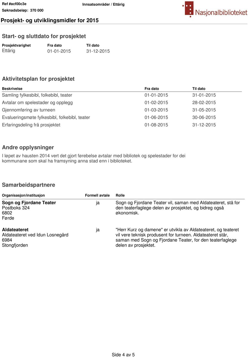 Erfaringsdeling frå prosjektet 01-08-2015 31-12-2015 Andre opplysninger I løpet av hausten 2014 vert det gjort førebelse avtalar med bibliotek og spelestader for dei kommunane som skal ha framsyning