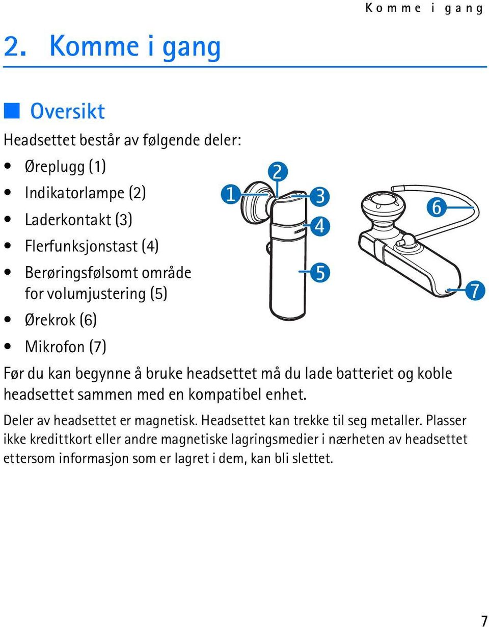 lade batteriet og koble headsettet sammen med en kompatibel enhet. Deler av headsettet er magnetisk. Headsettet kan trekke til seg metaller.