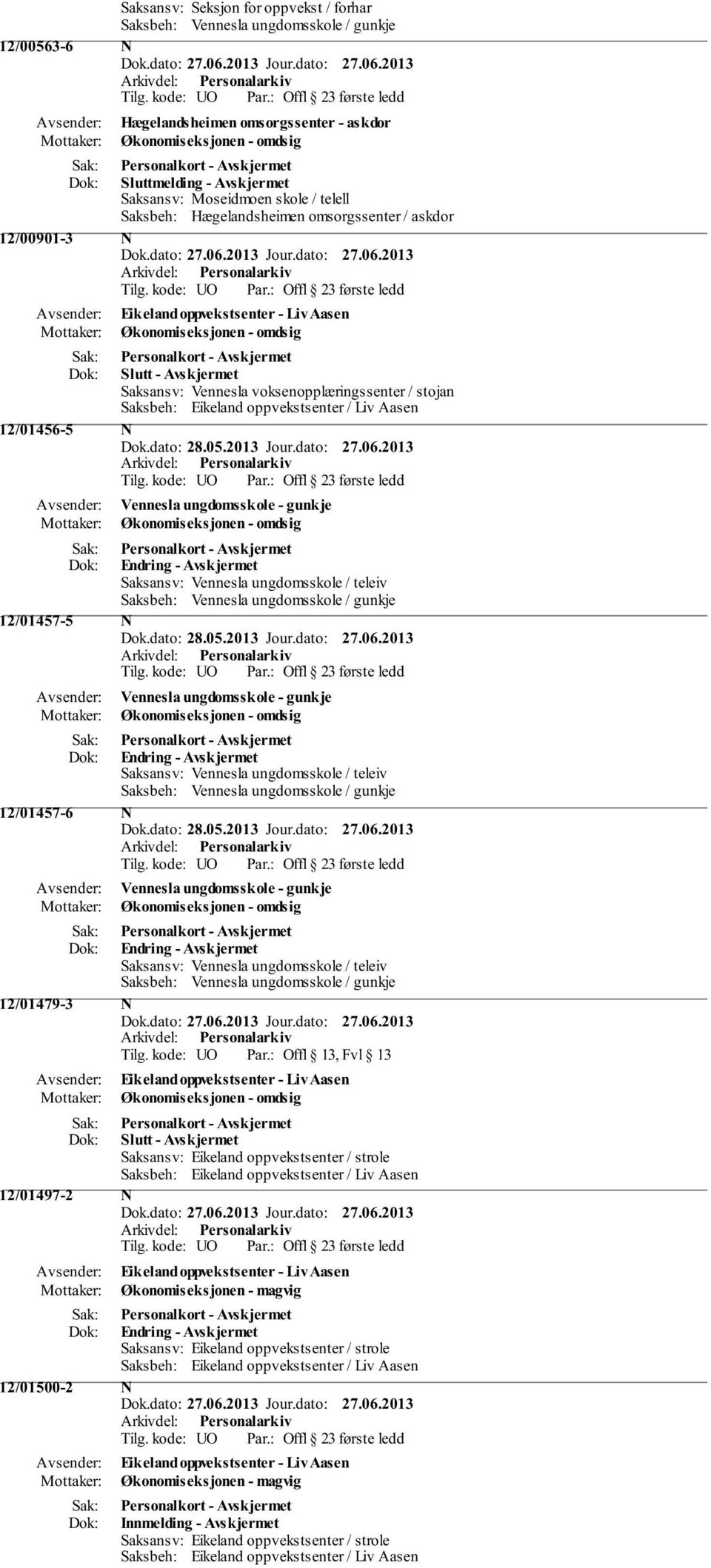 kode: UO Offl 13, Fvl 13 Eikeland oppvekstsenter - Liv Aasen Slutt - Avskjermet Saksansv: Eikeland oppvekstsenter / strole Saksbeh: Eikeland oppvekstsenter / Liv Aasen 12/01497-2 N Eikeland