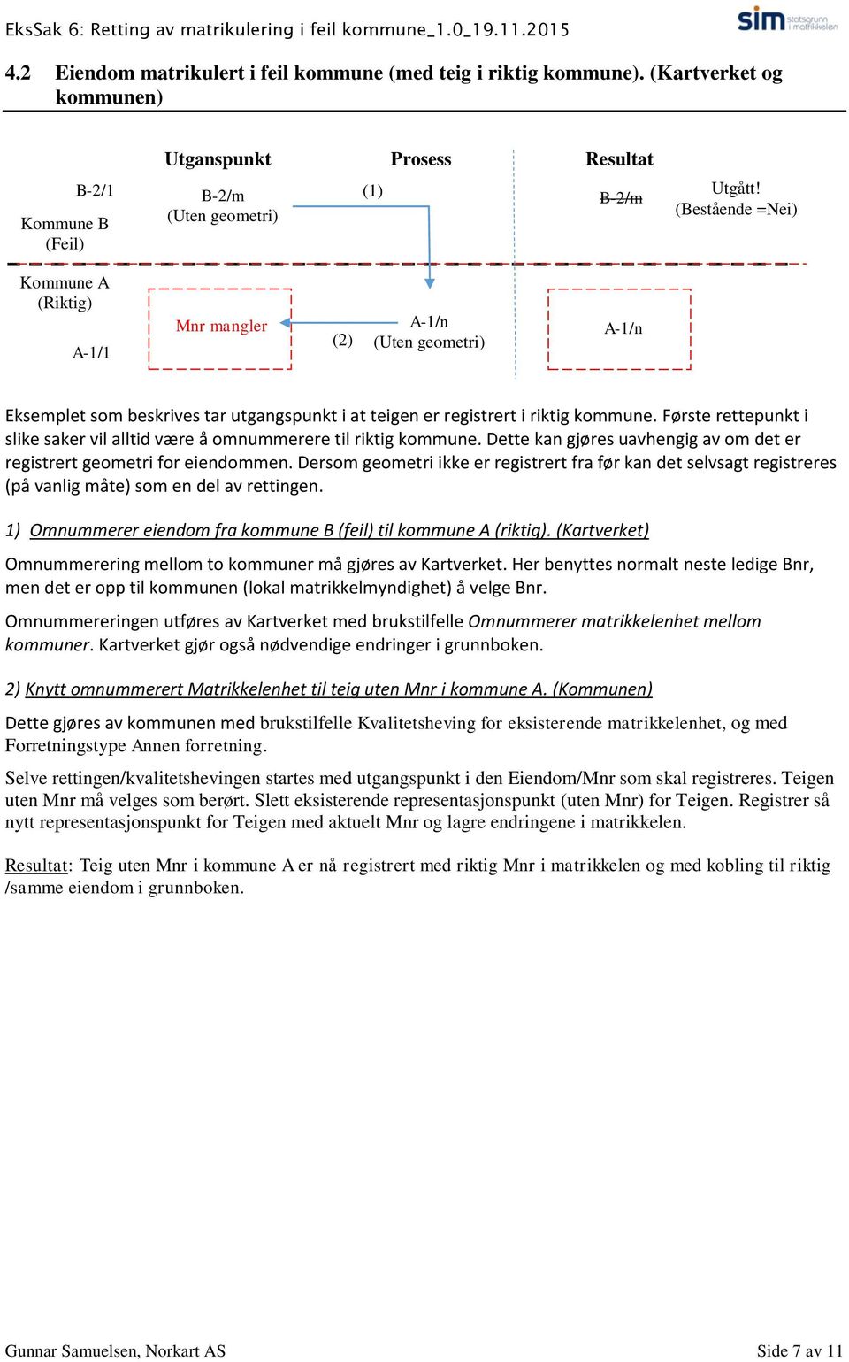 Første rettepunkt i slike saker vil alltid være å omnummerere til riktig kommune. Dette kan gjøres uavhengig av om det er registrert geometri for eiendommen.