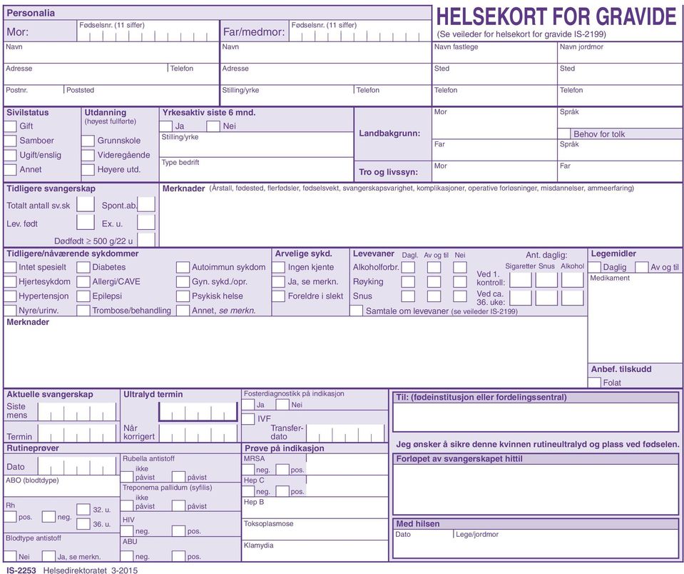 Ja Nei Landbakgrunn: Behov for tolk Far Type bedrift Tro og livssyn: Far Merknader (Årstall, fødested, flerfødsler, fødselsvekt, svangerskapsvarighet, komplikasjoner, operative forløsninger,