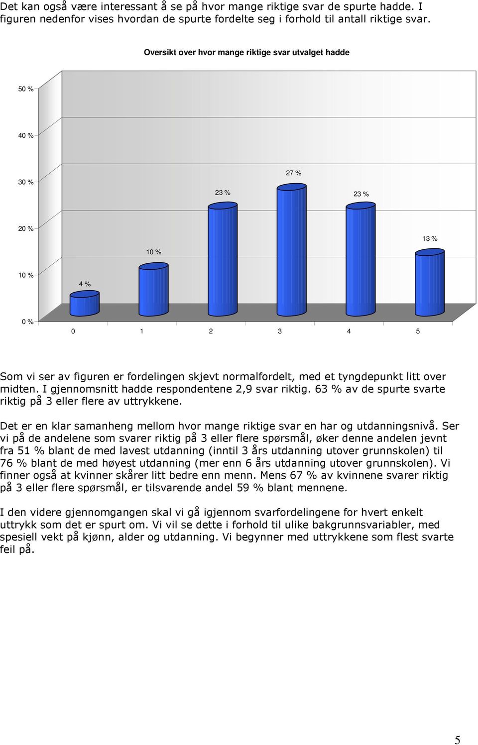 tyngdepunkt litt over midten. I gjennomsnitt hadde respondentene 2,9 svar riktig. 63 % av de spurte svarte riktig på 3 eller flere av uttrykkene.