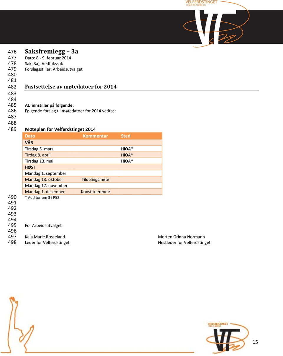 Velferdstinget 2014 Dato Kommentar Sted VÅR Tirsdag 5. mars HiOA* Tirdag 8. april HiOA* Tirsdag 13. mai HiOA* HØST Mandag 1. september Mandag 13.