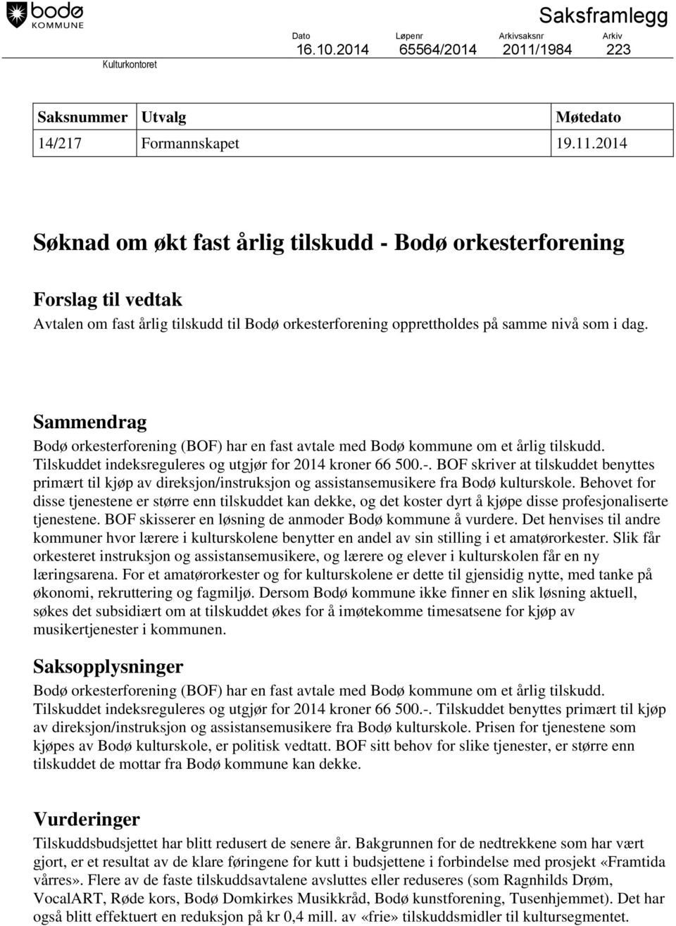 2014 Søknad om økt fast årlig tilskudd - Bodø orkesterforening Forslag til vedtak Avtalen om fast årlig tilskudd til Bodø orkesterforening opprettholdes på samme nivå som i dag.