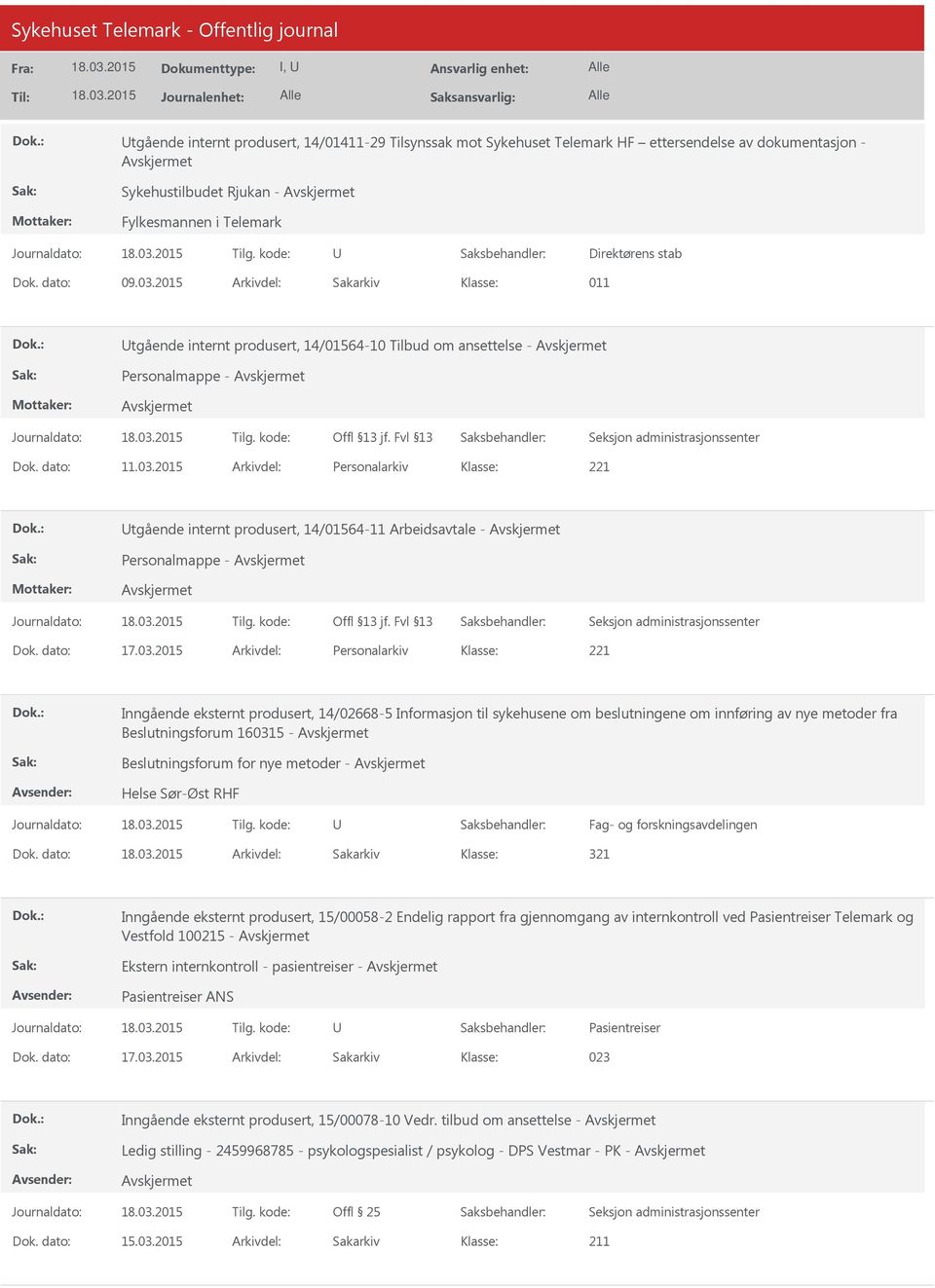 2015 Arkivdel: Personalarkiv tgående internt produsert, 14/01564-11 Arbeidsavtale - Personalmappe - Dok. dato: 17.03.