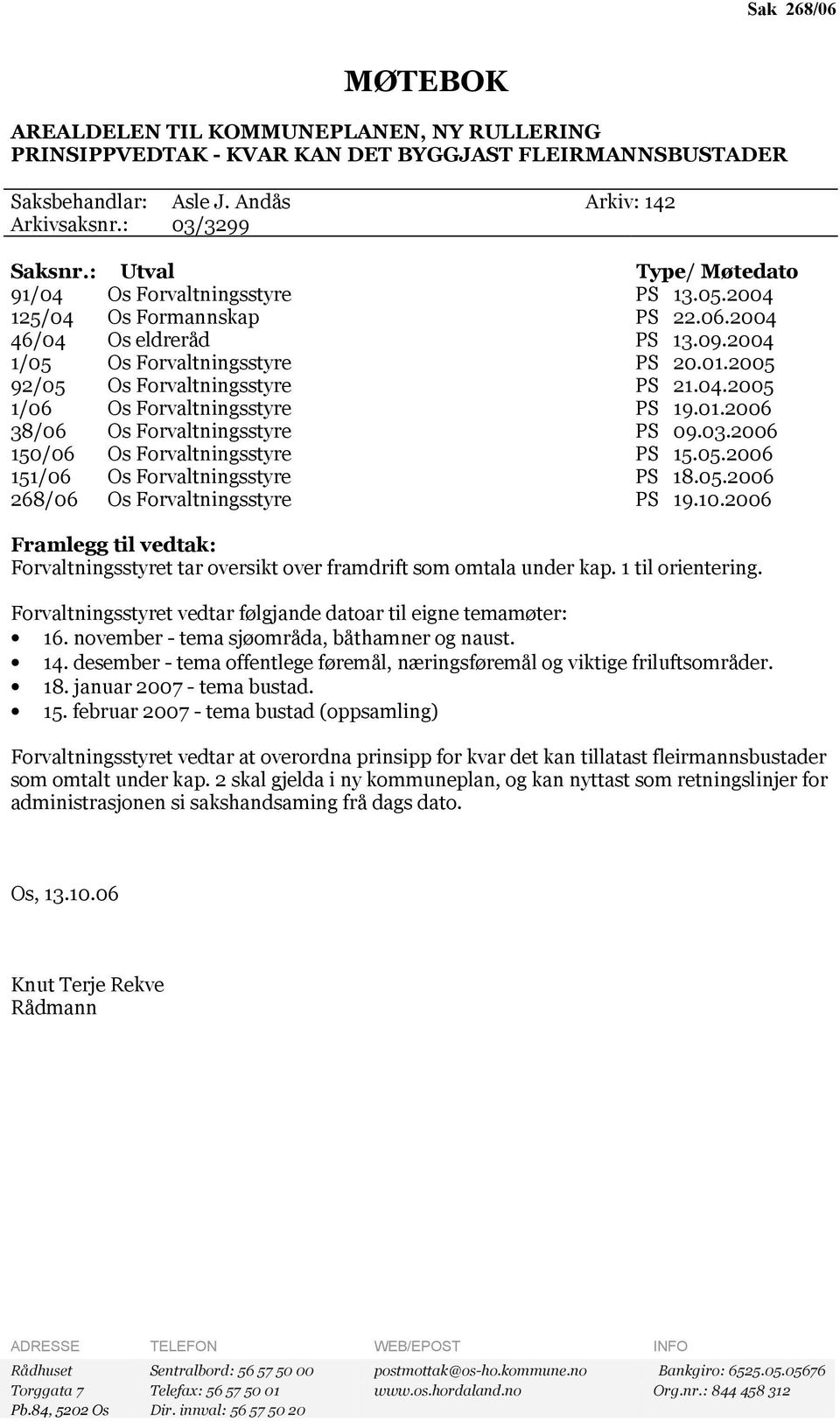2005 92/05 Os Forvaltningsstyre PS 21.04.2005 1/06 Os Forvaltningsstyre PS 19.01.2006 38/06 Os Forvaltningsstyre PS 09.03.2006 150/06 Os Forvaltningsstyre PS 15.05.2006 151/06 Os Forvaltningsstyre PS 18.