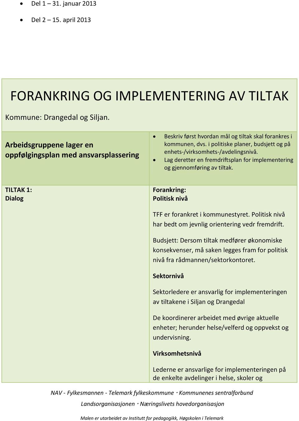 i politiske planer, budsjett og på enhets-/virksomhets-/avdelingsnivå. Lag deretter en fremdriftsplan for implementering og gjennomføring av tiltak.