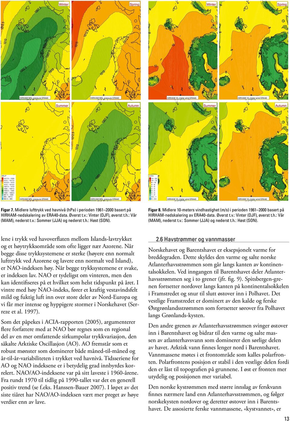 Midlere lufttrykk ved havnivå (hpa) i perioden 1961 2000 basert på HIRHAM-nedskalering av ERA40-data. Øverst t.v.: Vinter (DJF), øverst t.h.: Vår (MAM), nederst t.v.: Sommer (JJA) og nederst t.h.: Høst (SON).
