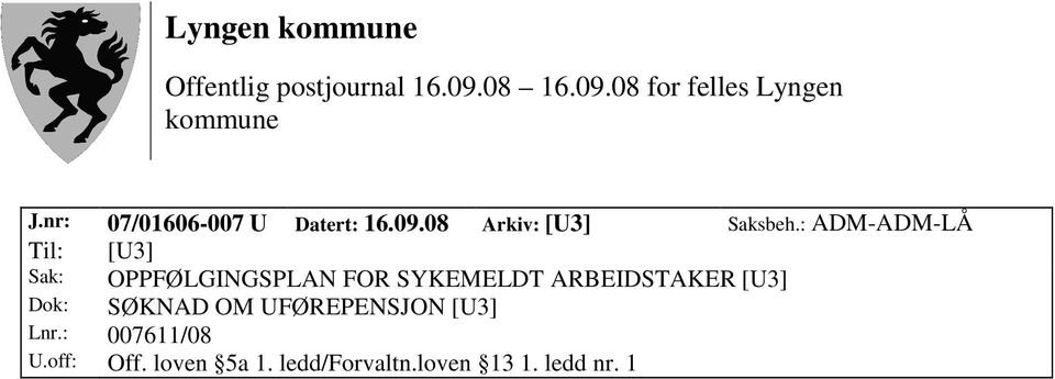 : ADM-ADM-LÅ Sak: OPPFØLGINGSPLAN FOR SYKEMELDT